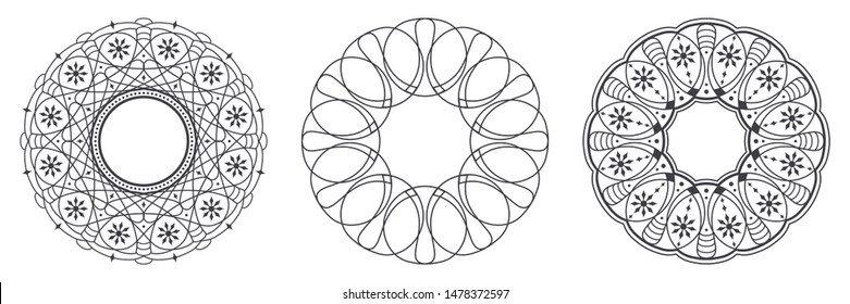 Set of decorative round frames for design with abstract floral pattern. Circle frame. Templates for printing postcards, invitations, books, for textiles, engraving, wooden furniture, forging. Vector