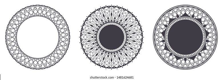 Set of decorative round frames for design with abstract floral pattern. Circle frame. Templates for printing postcards, invitations, books, for textiles, engraving, wooden furniture, forging. Vector