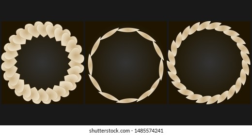 Set of decorative round frames for design with gold abstract floral pattern. Circular frame. Templates for printing cards, invitations, books, textiles, engraving, forging. Vector illustration.
