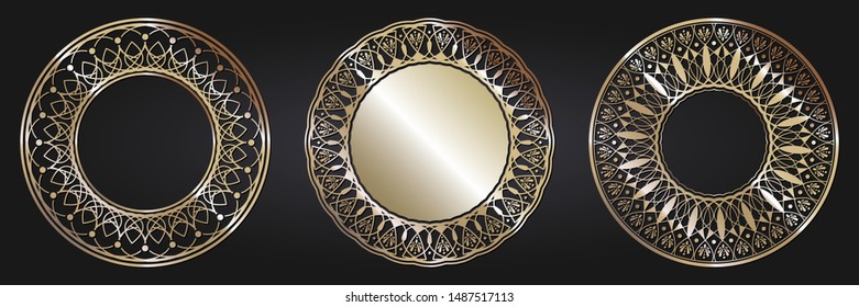 Set of decorative round frames for design with  gold abstract floral pattern. Circle frame. Templates for printing postcards, invitations, books, for textiles, engraving, forging. Vector