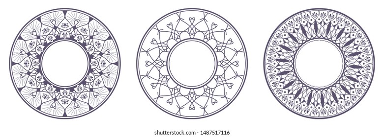 Set of decorative round frames for design with abstract floral pattern. Circle frame. Templates for printing postcards, invitations, books, for textiles, engraving, wooden furniture, forging. Vector