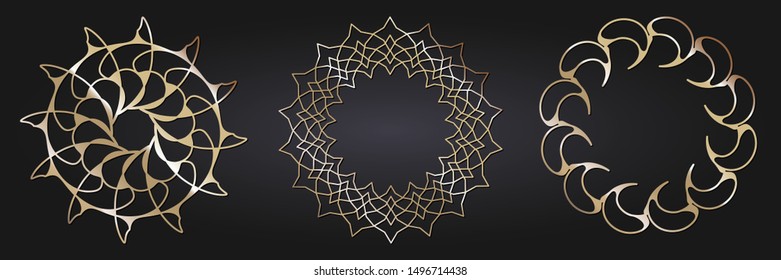 Set of decorative round frames for design with  gold abstract floral pattern. Circle frame. Elegant elements for design. Vector.