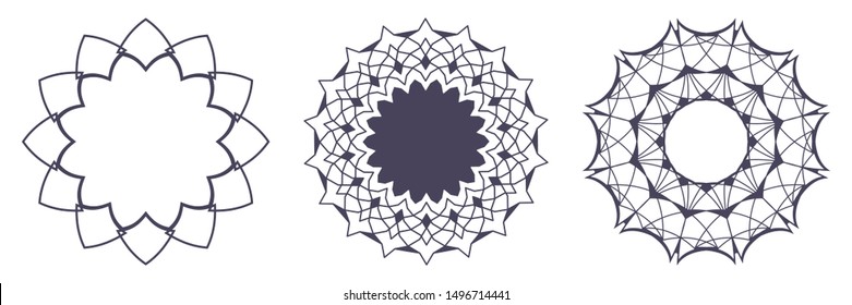 Set of decorative round frames for design with abstract floral pattern. Circle frame. Elegant elements for design. Vector.