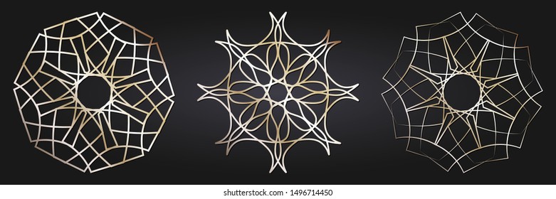 Set of decorative round frames for design with  gold abstract floral pattern. Circle frame. Elegant elements for design. Vector.