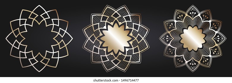 Set of decorative round frames for design with  gold abstract floral pattern. Circle frame. Elegant elements for design. Vector.