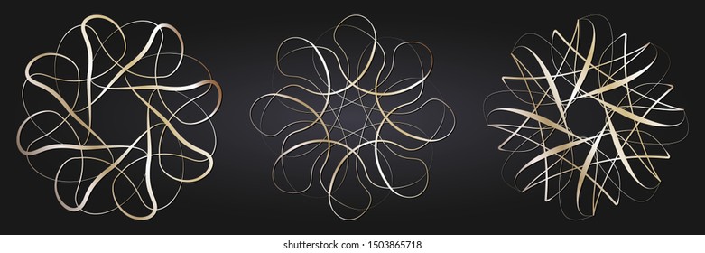 Set of decorative round frames for design with  gold abstract floral pattern. Circle frame. Elegant elements for design. Vector.