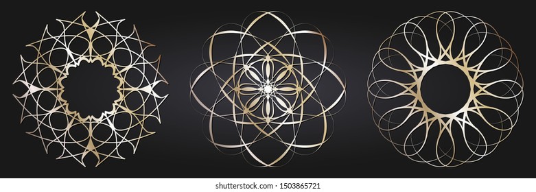 Set of decorative round frames for design with  gold abstract floral pattern. Circle frame. Elegant elements for design. Vector.