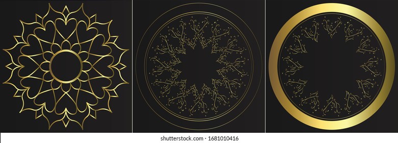 Set of decorative round frames for design with floral ornaments. ornaments Circle gold. Templates for printing postcards, invitations, books, for textiles, engraving, wooden furniture, forging.