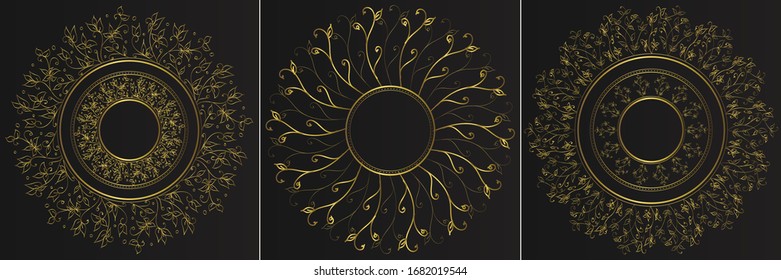 Set of decorative round frames for design with floral ornaments. ornaments Circle gold. Templates for printing postcards, invitations, books, for textiles, engraving, wooden furniture, forging.