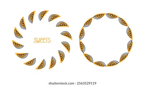 Set of decorative round frames with sweet orange slices. Doodle style. Linear drawing.