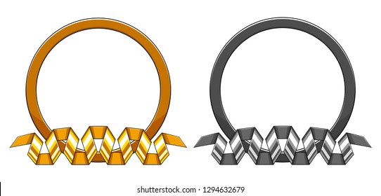 Set of decorative round gold and silver frame with curved down spiral ribbon. Template for greeting cards, invitations, certificates, messages. Isolated on white background. EPS10 vector illustration