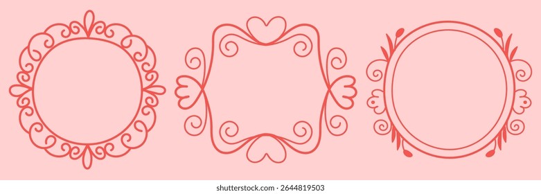 Set of decorative round and heart swirl frames. Cute hand drawn elements for romantic, kids, or craft design.