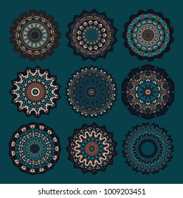 Set of a Decorative round Mandala ornament. Stylized dark green and brown flowers. Floral motif. Complex flourish weave medallion. Vector illustration.