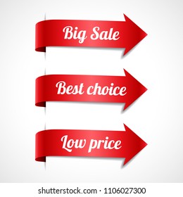 Set of decorative sale red ribbon arrows with text, vector illustration