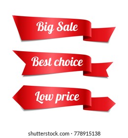 Set of decorative sale red ribbon banners with text, vector illustration