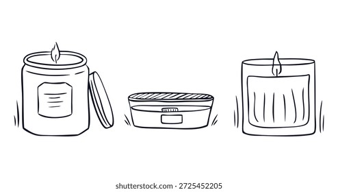 Conjunto de velas perfumadas decorativas en tarros. Ilustración de estilo Doodle para aromaterapia, spa, decoración del hogar o diseño de embalaje de productos. Vector.