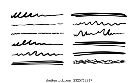 Set of decorative scribble lines in pen, pencil underline, vector doodle hand drawn design elements isolated on white background. Outline symbols collection.