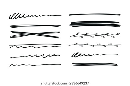 Set of decorative scribble lines in pen, pencil underline, vector doodle hand drawn design elements isolated on white background. Outline symbols collection.