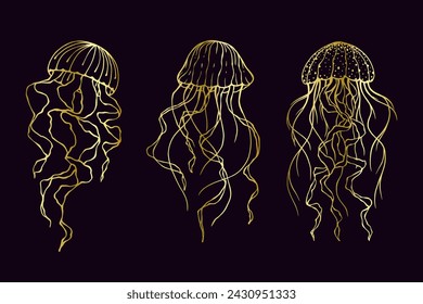 Set of decorative sea inhabitants, golden outline of jellyfish.Vector graphics.