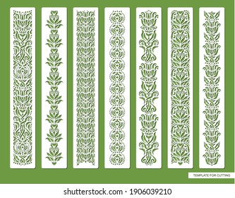 Set of decorative seamless borders with floral patterns. Repeating pattern of leaves, flowers, dots. Luxurious vintage style. Natural theme. Vector template for plotter laser cutting (cnc) of paper.