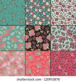 Set of decorative seamless floral patterns with stylized cherry flowers