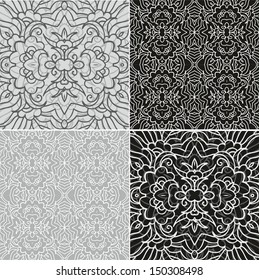 Set of decorative seamless floral patterns in black and white