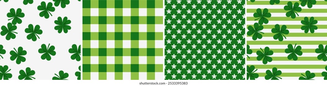 Set of decorative seamless green and white pattern plaid, polka dot and clover leaf shape. Vector illustration. Wrapping template for Patrick's day gift.