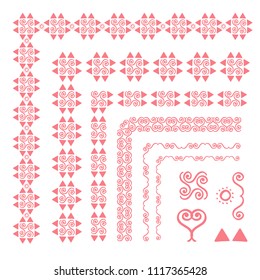 Set of decorative seamless ornamental border with corner. Separate ornamentation elements. Pink color. For children, women, wedding, holiday