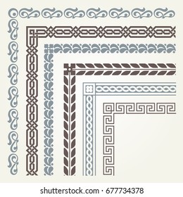 Set of decorative seamless ornamental border with corner