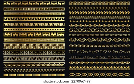 Set of decorative seamless ornamental Gold border. Hand drawn vector line border set and scribble design element. Geometric vintage fashion pattern. Retro lines. Gold ornament frame border Decoration