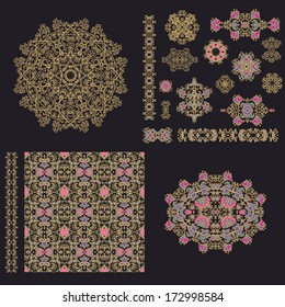 Set of decorative seamless pattern and elements