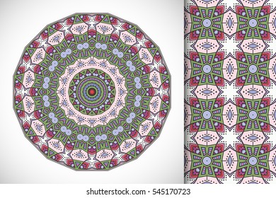 Set of decorative seamless pattern and matching round mandala. Stylized ethnic floral doodle ornaments, isolated design elements for greeting or business card, Invitation, banner, flyer, t-shirt print