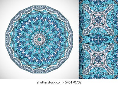 Set of decorative seamless pattern and matching round mandala. Stylized ethnic floral doodle ornaments, isolated design elements for greeting or business card, Invitation, banner, flyer, t-shirt print