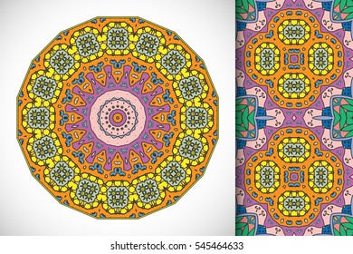 Set of decorative seamless pattern and matching round mandala. Stylized ethnic floral doodle ornaments, isolated design elements for greeting or business card, Invitation, banner, flyer, t-shirt print