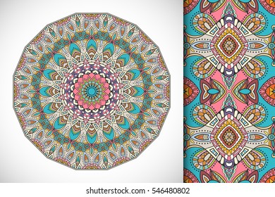 Set of decorative seamless pattern and matching round mandala. Stylized ethnic floral doodle ornaments, isolated design elements for greeting or business card, Invitation, banner, flyer, t-shirt print