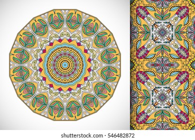 Set of decorative seamless pattern and matching round mandala. Stylized ethnic floral doodle ornaments, isolated design elements for greeting or business card, Invitation, banner, flyer, t-shirt print