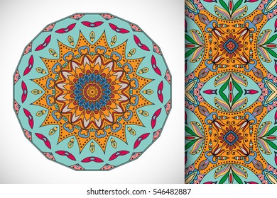 Set of decorative seamless pattern and matching round mandala. Stylized ethnic floral doodle ornaments, isolated design elements for greeting or business card, Invitation, banner, flyer, t-shirt print