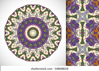 Set of decorative seamless pattern and matching round mandala. Stylized ethnic floral doodle ornaments, isolated design elements for greeting or business card, Invitation, banner, flyer, t-shirt print