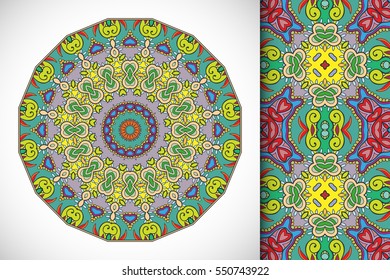 Set of decorative seamless pattern and matching round mandala. Stylized ethnic floral doodle ornaments, isolated design elements for greeting or business card, Invitation, banner, flyer, t-shirt print