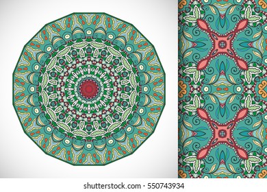 Set of decorative seamless pattern and matching round mandala. Stylized ethnic floral doodle ornaments, isolated design elements for greeting or business card, Invitation, banner, flyer, t-shirt print