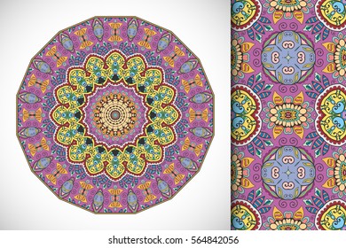 Set of decorative seamless pattern and matching round mandala. Stylized ethnic floral doodle ornaments, isolated design elements for greeting or business card, Invitation, banner, flyer, t-shirt print