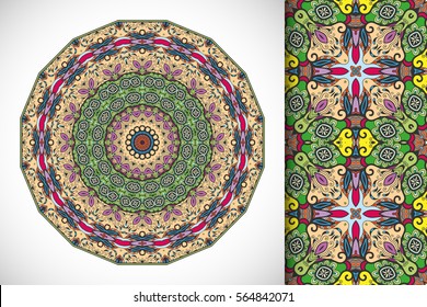 Set of decorative seamless pattern and matching round mandala. Stylized ethnic floral doodle ornaments, isolated design elements for greeting or business card, Invitation, banner, flyer, t-shirt print