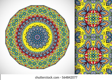 Set of decorative seamless pattern and matching round mandala. Stylized ethnic floral doodle ornaments, isolated design elements for greeting or business card, Invitation, banner, flyer, t-shirt print