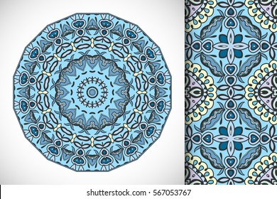 Set of decorative seamless pattern and matching round mandala. Stylized ethnic floral doodle ornaments, isolated design elements for greeting or business card, Invitation, banner, flyer, t-shirt print