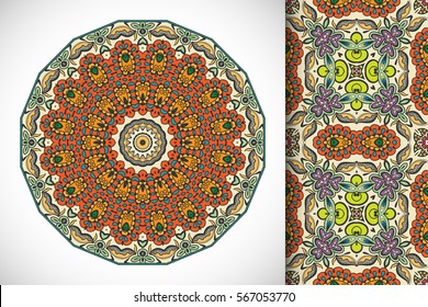 Set of decorative seamless pattern and matching round mandala. Stylized ethnic floral doodle ornaments, isolated design elements for greeting or business card, Invitation, banner, flyer, t-shirt print