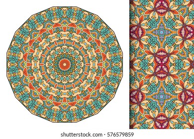 Set of decorative seamless pattern and matching round mandala. Stylized ethnic floral doodle ornaments, isolated design elements for greeting or business card, Invitation, banner, flyer, t-shirt print