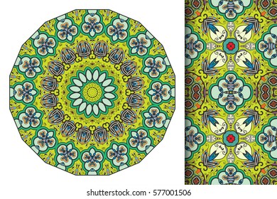 Set of decorative seamless pattern and matching round mandala. Stylized ethnic floral doodle ornaments, isolated design elements for greeting or business card, Invitation, banner, flyer, t-shirt print