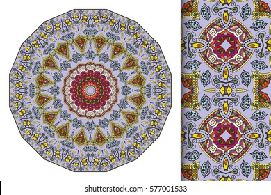 Set of decorative seamless pattern and matching round mandala. Stylized ethnic floral doodle ornaments, isolated design elements for greeting or business card, Invitation, banner, flyer, t-shirt print