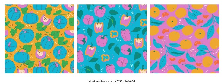 Set of decorative seamless patterns of fruits and vegetables, bell pepper, tangerine, pumpkin. Hand drawing pieces, twigs and leaves. Ideal for prints, posters, postcards. Vector trendy triptych.