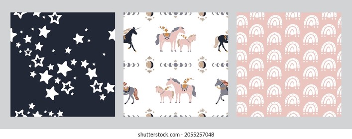 Set of decorative seamless patterns with stars, rainbows, horses, moons in a bohemian vintage style. Collection of boho retro backgrounds for fabric, wallpaper, wrapping paper. Vector illustration.